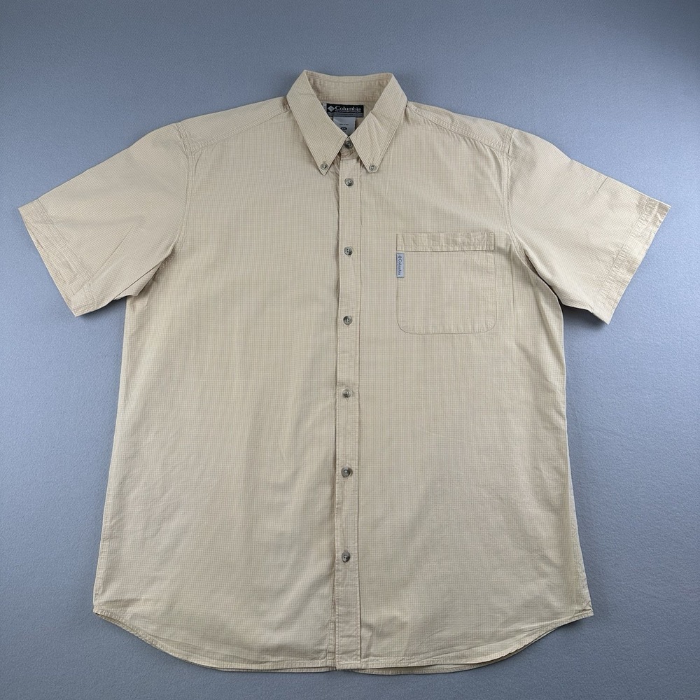 Columbia Mens Yellow Button Down Shirt Size XXL Short Sleeve Gingham Check Camp